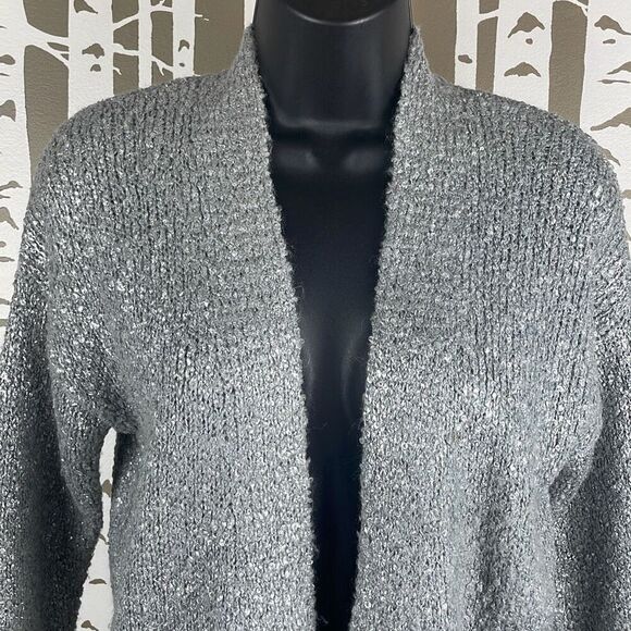 Silver Metallic Painted Wool Blend Longline Open Front Cardigan Sweater S - Picture 5 of 8
